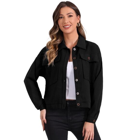 Waffle Shacket Jacket Drop Shoulder Pockets Collared Shirt Jackets Black - Picture 1 of 6